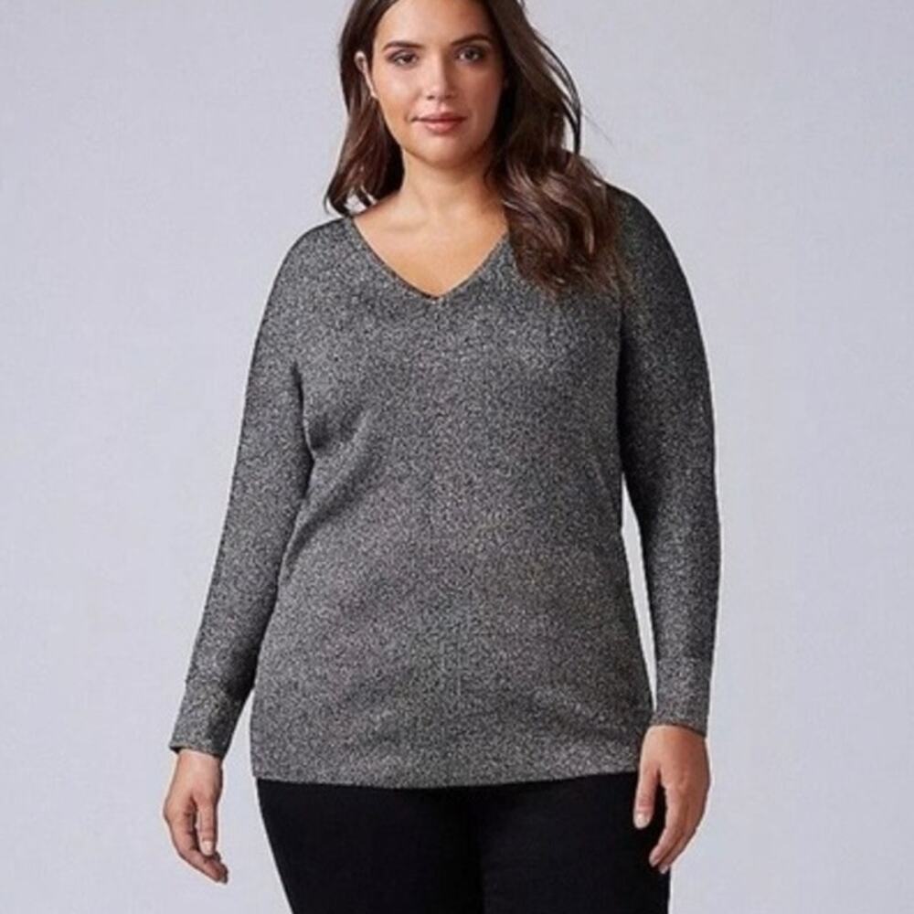 Eileen Fisher Shimmer Sweater Italian yarn Plus Size 1X Metallic Silver V-neck